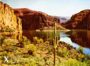 Photo postcard of a lake along the historic Apache Trail stage coach route. AHS Photo #28097